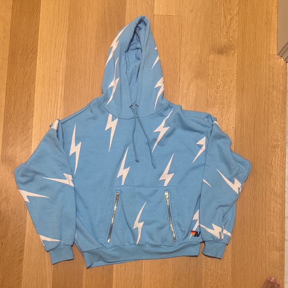 Aviator Nation Blue Hoodie with White Lightning Bolts